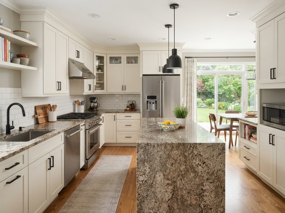 The same Highland Village kitchen after refinishing, with warm off-white sprayed cabinetry and updated hardware