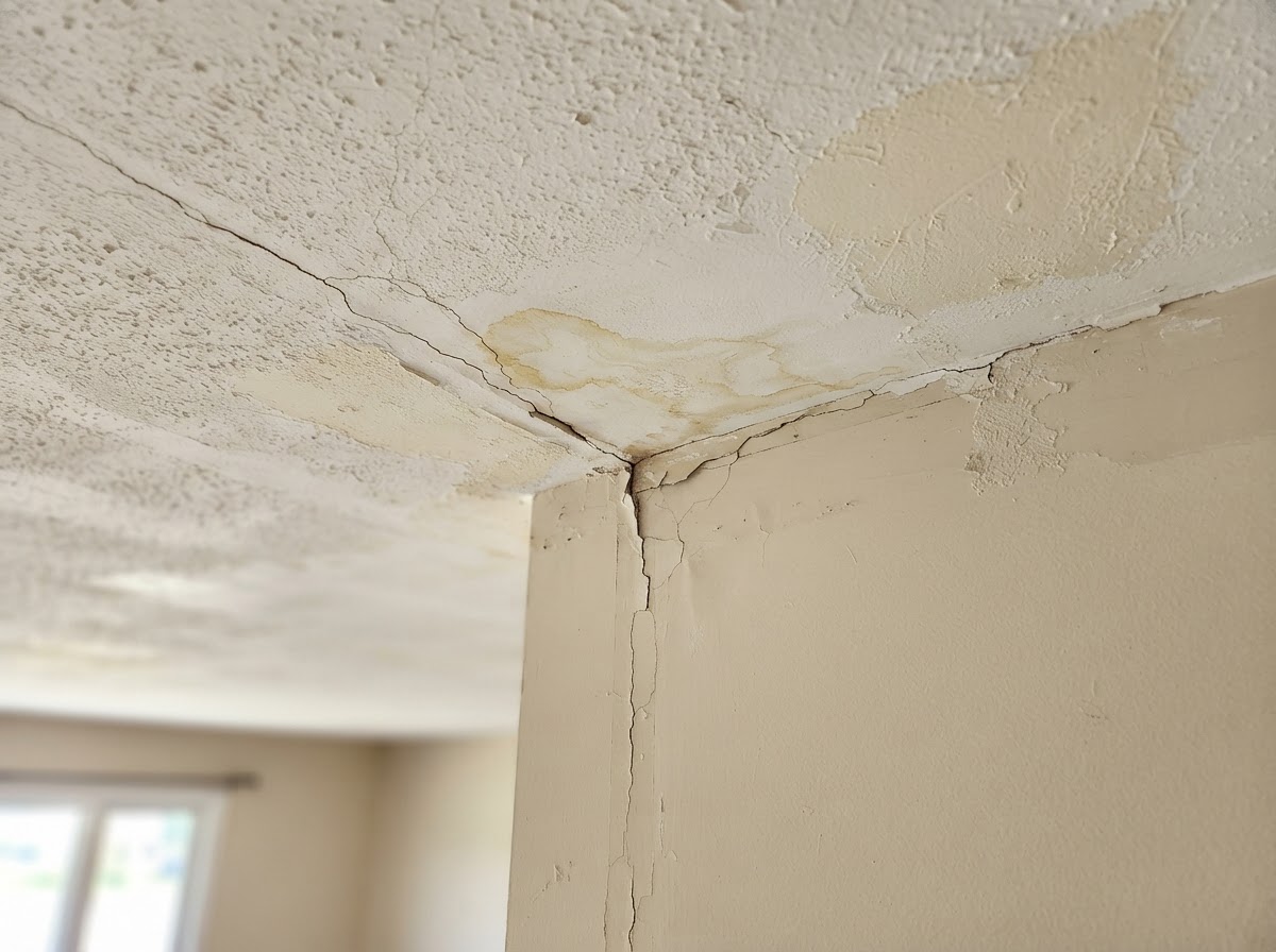 Plano ceiling before repair, showing settlement cracks, a water stain, and mismatched knockdown texture patches
