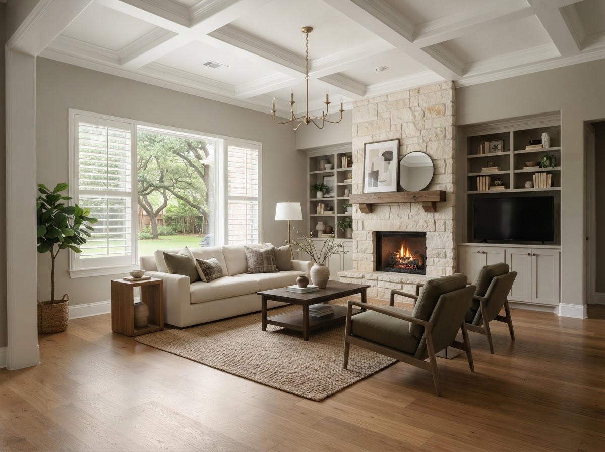 Living room in a Dallas–Fort Worth home after interior painting, with warm neutral walls, a white coffered ceiling, and freshly finished white trim