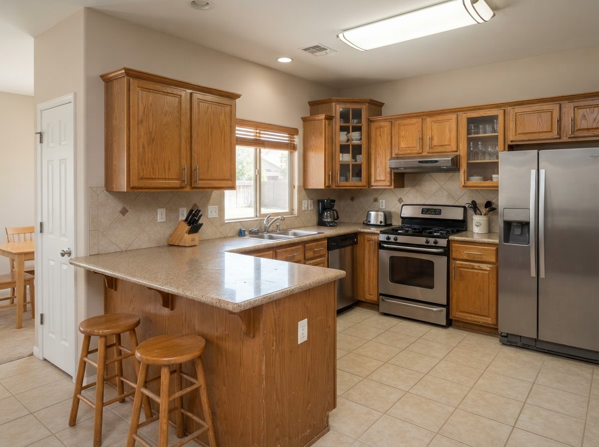 Highland Village kitchen before refinishing, with dated honey-oak stained cabinetry and beige walls