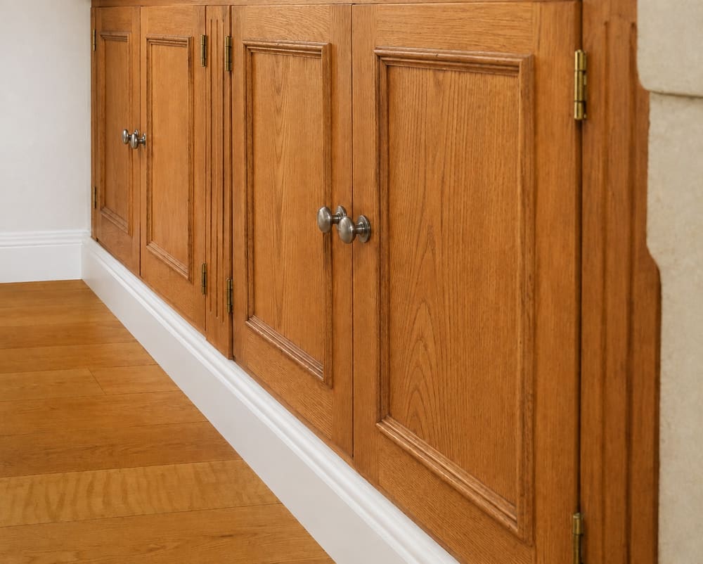 Kitchen cabinets before painting, showing the original wood finish