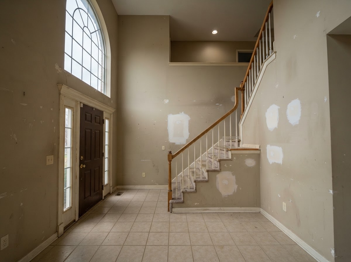 Two-story Southlake entry before painting, with dated builder-grade beige walls and worn trim