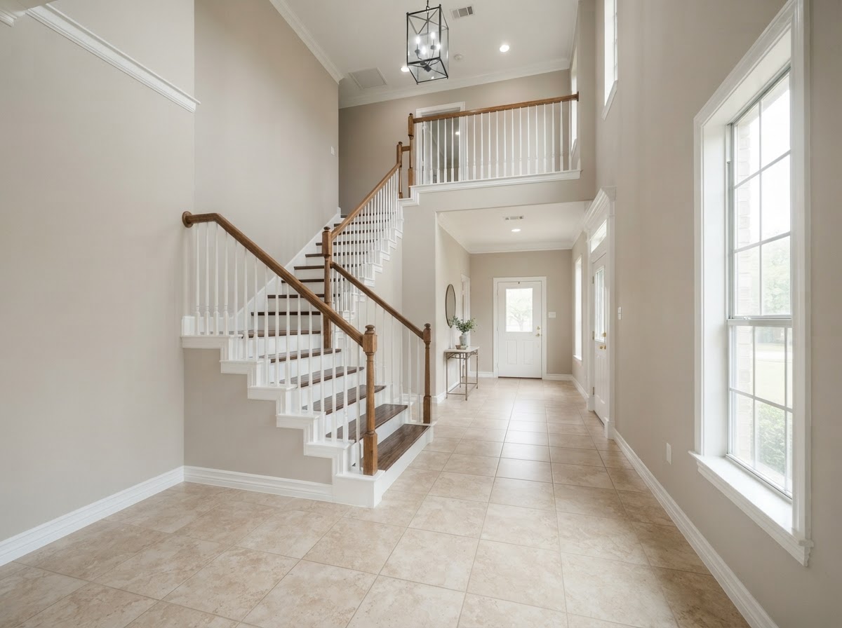 The same Southlake entry after painting, with smooth warm neutral walls and crisp white trim and stair spindles